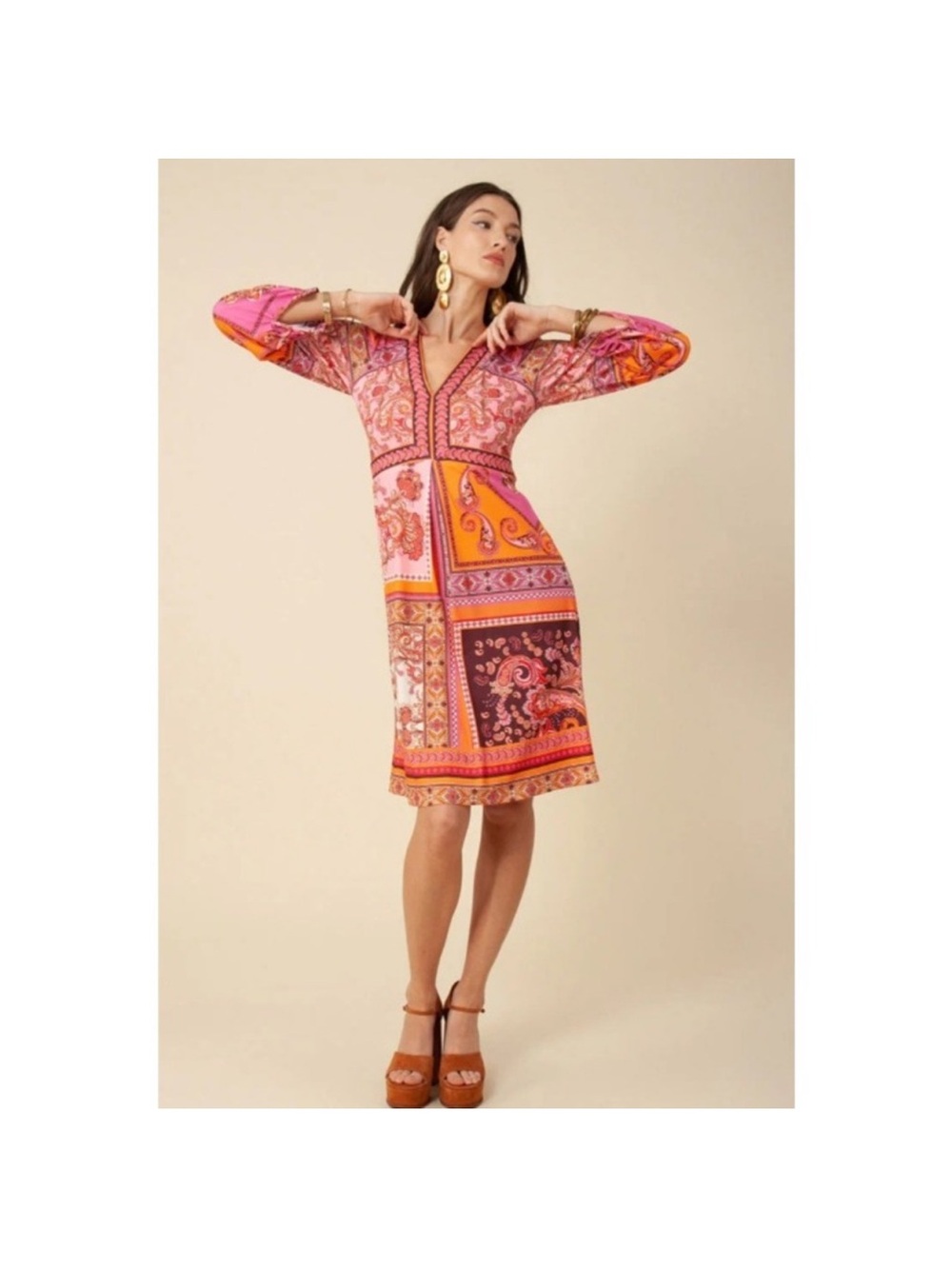 Hale Bob Rose‎ Jersey Dress Orange XL Boho Luxe Resort Palm Springs Glam Paisley